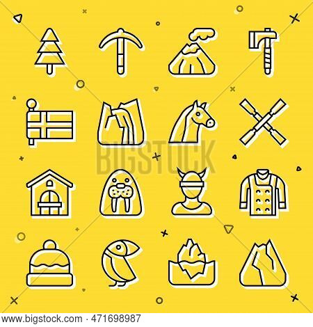 Set Line Mountains, Sweater, Oars Or Paddles Boat, Volcano, Waterfall, Flag Of Iceland, Tree And Hor