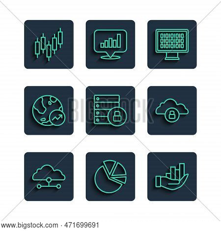 Set Line Network Cloud Connection, Pie Chart Infographic, Binary Code, Server Security With Padlock,