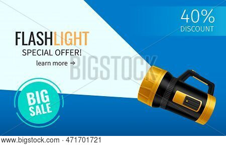 Big Sale Of Handheld Flashlights With 40 Percents Discount Advertising Web Banner Realistic Vector I