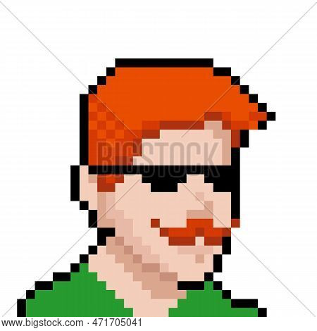Nft Concept Of A Pixel Art Style Man With Ginger Hair And Mustache Wearing Sunglasses. . Vector Illu