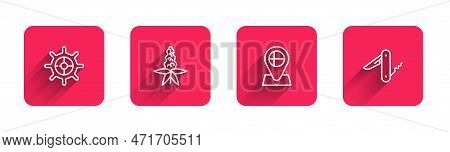 Set Line Ship Steering Wheel, Lupine Flower, Location Flag Iceland And Swiss Army Knife With Long Sh