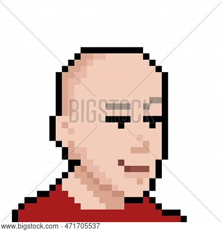 Monk With Bald Head In Pixel Style Nft Concept. Vector Illustration