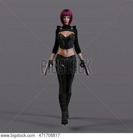 3d-illustration Of An Female Rogutlike Ninja Fighter Fighter In A Nanosuit With Guns