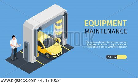 Isometric Automated Car Wash Horizontal Banner With Editable Text Slider More Button And Car Under S
