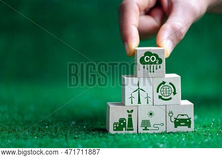 Net Zero Greenhouse Gas Emissions Reduction With Carbon Credit Concept. Reduce Carbon Dioxide E.g. R