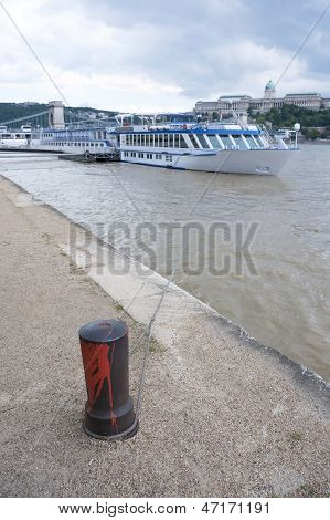 BUDAPEST, HUNGARY - JUNE 1: Budapest city harbour and international river cruise ships in Budapest on June 1 2013.