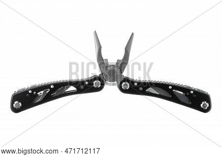 Steel Multitool Isolated On White Background. Opened Multitool With Pliers, File, Blade, Screwdriver