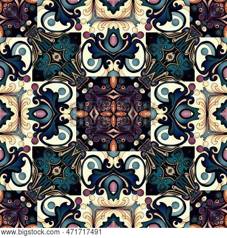 Ornamental Victorian Seamless Wallpaper In Roccoco Style. Repeat Tile Of Ornate Botanical Baroque De