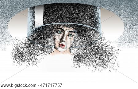 Hard To Control Hair Is The Theme Of This 3-d Illustration With A Curly, Frizzie Haired Woman Contai