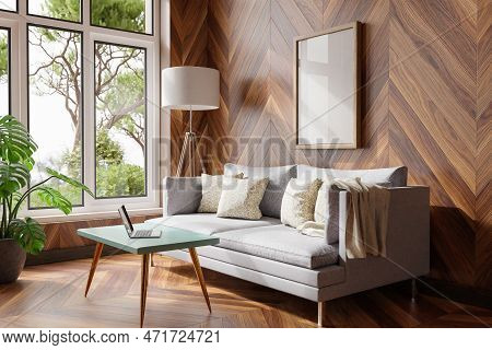 Cozy Living Room Interior In Room Corner; Sunlight Shining Trough Window; Floorlamp And Couch Table 