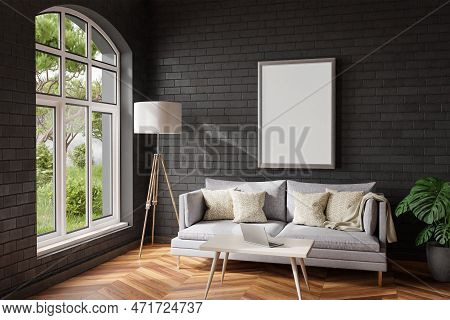 Cozy Living Room Interior In Room Corner; Sunlight Shining Trough Window; Floorlamp And Couch Table 