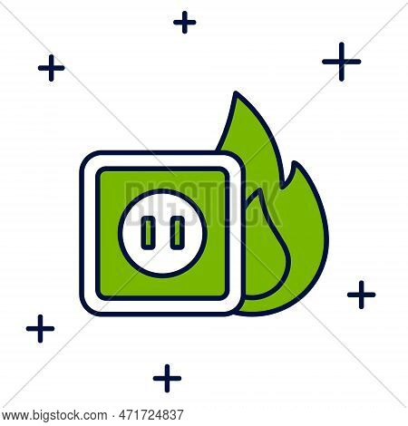 Filled Outline Electric Wiring Of Socket In Fire Icon Isolated On White Background. Electrical Safet