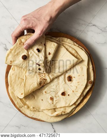 Soft Lavash Bread On White Background. Homemade Freshy Baked Lavash Bread Is Perfect For Kebabs, Sha