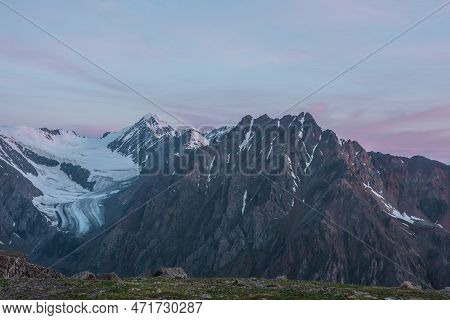 Scenic View To High Snow Mountains In Early Morning At Sunrise Colors. Awesome Mountain Scenery With
