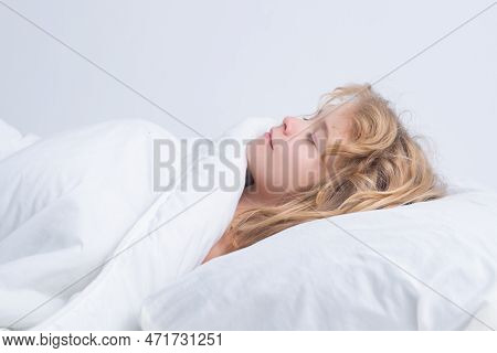 Child Boy Take Nap. Kid Sleeping In Bed. Comfortable Mattress On Bedroom. Soft Pillow, Comfy, Cozy B