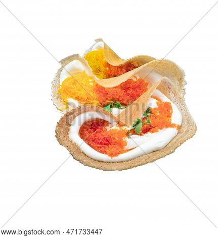Three Khanom Buang Thai Crispy Pancakes Isolated On White Background