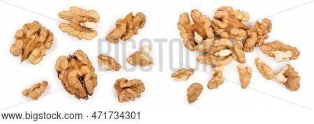 Peelled Walnuts Isolated On White Background. Top View. Flat Lay