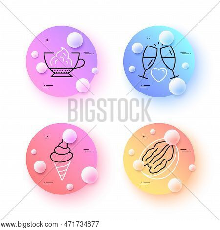 Espresso Cream, Wedding Glasses And Pecan Nut Minimal Line Icons. 3d Spheres Or Balls Buttons. Ice C