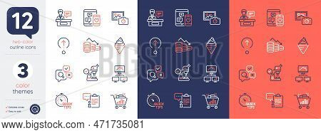 Set Of Work Home, Swipe Up And Exhibitors Line Icons. Include Photo Camera, Microscope, Ice Cream Ic