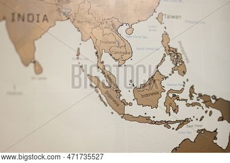 Travel Scratch Map, View Of Indonesia And Other Asia Transcontinental Countries.