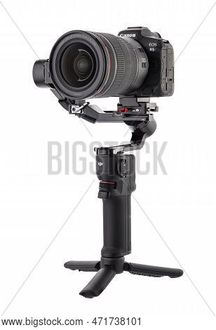 Varna, Bulgaria - February 17 ,2023: Camera Canon R5 And Dji Ronin 3 Mini Is Three-axis Motorized Gi