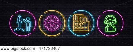 Card, Idea And Launch Project Minimal Line Icons. Neon Laser 3d Lights. Support Icons. For Web, Appl