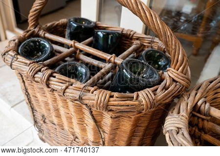 Old Industrial Wicker Basket For Carrying Champagne Bottles In Champagne Wine Production Region, Fra