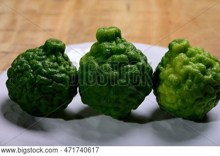 Citrus Hystrix, Kaffir Lime Or Makrut Lime, Citrus Fruit Native To Tropical Southeast Asia. Fruit An