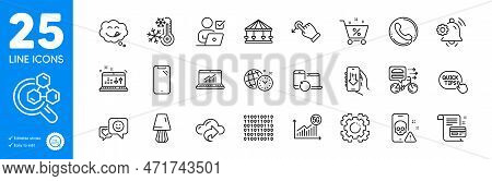 Outline Icons Set. Online Statistics, Smile And Recovery Devices Icons. Call Center, Yummy Smile, Cy