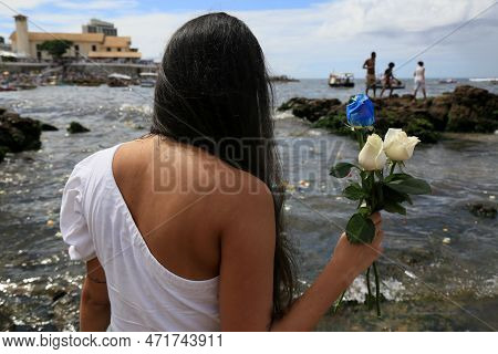 Salvador, Bahia, Brazil - February 2, 2023: Candoble Supporters And Orixa Iemanja Supporters Visit R
