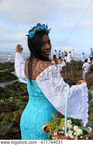 Salvador, Bahia, Brazil - February 2, 2023: Candoble Supporters And Orixa Iemanja Supporters Visit R