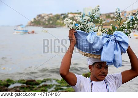 Salvador, Bahia, Brazil - February 2, 2023: Candoble Supporters And Orixa Iemanja Supporters Visit R