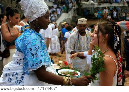 Salvador, Bahia, Brazil - February 2, 2023: Candoble Supporters And Orixa Iemanja Supporters Visit R