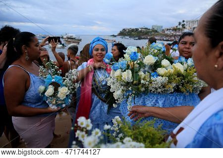 Salvador, Bahia, Brazil - February 2, 2023: Candoble Supporters And Orixa Iemanja Supporters Visit R