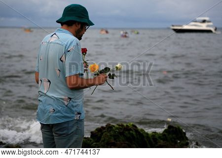 Salvador, Bahia, Brazil - February 2, 2023: Candoble Supporters And Orixa Iemanja Supporters Visit R