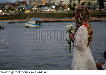 Salvador, Bahia, Brazil - February 2, 2023: Candoble Supporters And Orixa Iemanja Supporters Visit R