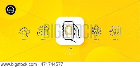Cloud Computing, Baggage App And Atom Minimal Line Icons. Yellow Abstract Background. Secret Gift, N