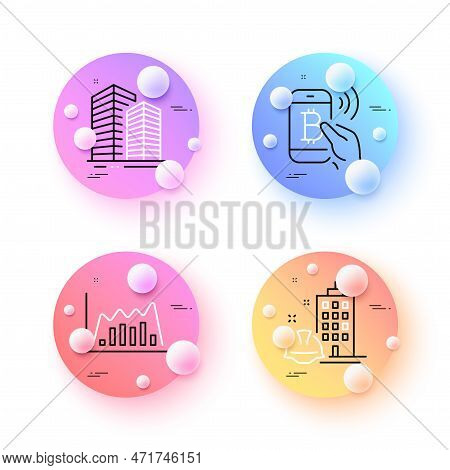 Infographic Graph, Bitcoin Pay And Construction Building Minimal Line Icons. 3d Spheres Or Balls But