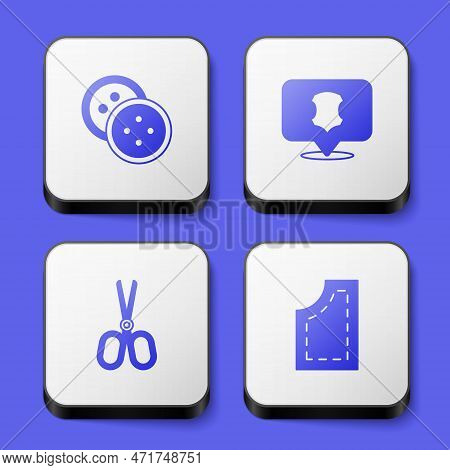 Set Sewing Button For Clothes, Leather, Scissors And Pattern Icon. White Square Button. Vector