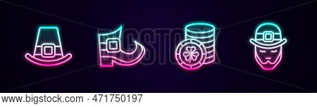 Set Line Leprechaun Hat, Boot, Golden Leprechaun Coin And . Glowing Neon Icon. Vector