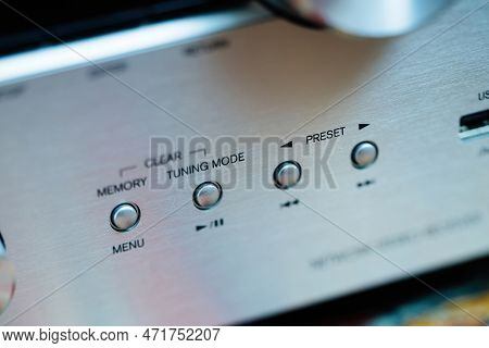 Tunning Buttons For Radio Dab And Fm, Presets On A High-end Stereo Audio Hi-fi Receiver - Close-up T