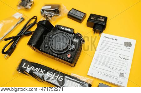 Paris, France - Nov 20, 2022: Plastic Film Over Unboxing Flat Lay Overhead Lateral View Of Panasonic