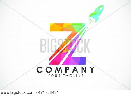 Polygonal Alphabet Z With A Rocket Logo Design. Rocket Icon. Low Poly Graphic Alphabet Symbol