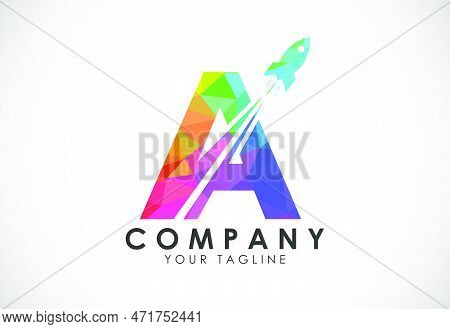 Polygonal Alphabet A With A Rocket Logo Design. Rocket Icon. Low Poly Graphic Alphabet Symbol
