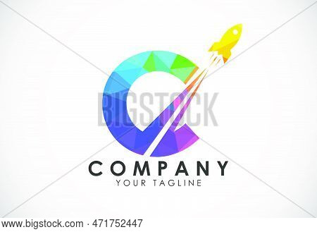 Polygonal Alphabet C With A Rocket Logo Design. Rocket Icon. Low Poly Graphic Alphabet Symbol