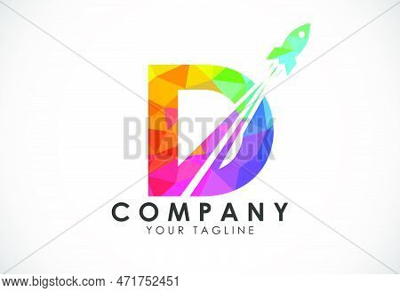 Polygonal Alphabet D With A Rocket Logo Design. Rocket Icon. Low Poly Graphic Alphabet Symbol