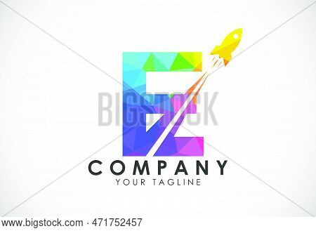 Polygonal Alphabet E With A Rocket Logo Design. Rocket Icon. Low Poly Graphic Alphabet Symbol
