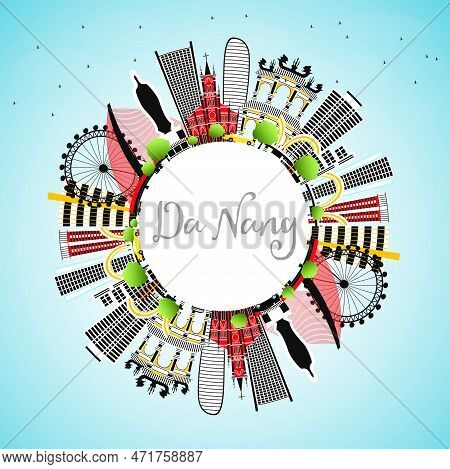 Da Nang Vietnam City Skyline With Color Buildings, Blue Sky And Copy Space. Vector Illustration. Bus