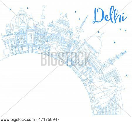Outline Delhi India City Skyline With Blue Buildings With Copy Space. Vector Illustration. Business 