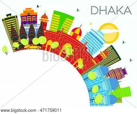 Dhaka Bangladesh City Skyline With Color Buildings, Blue Sky And Copy Space. Vector Illustration. Bu